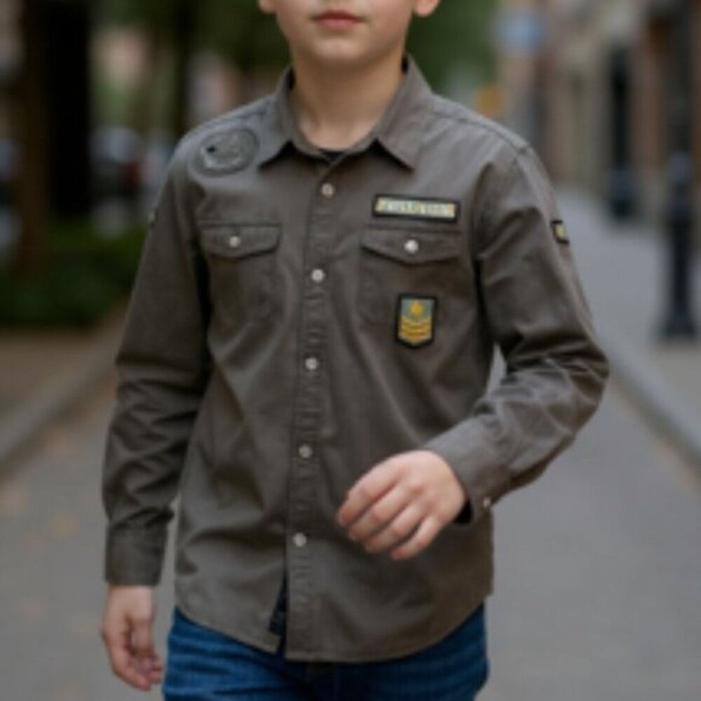 Guess Jeans Kids Shirt Boys Large 16-18 Gray Military Long Sleeve